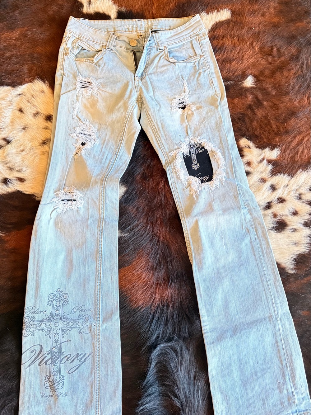 Cowgirl Tuff Light Blue Distressed Boot Cut Jeans with Cross Detail